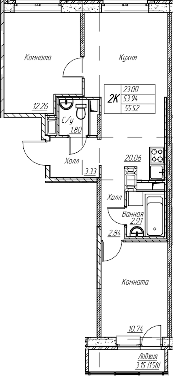 2-комнатная квартира 55.52 м², 20/22 эт., ЖК «Парк-квартал Юнтолово»